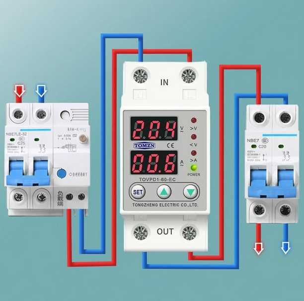 Защитное реле контроля напряжения  и тока 220В 63А