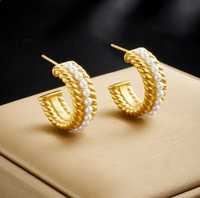Złote kolczyki kółka perły ze stali chirurgicznej 316 L Premium