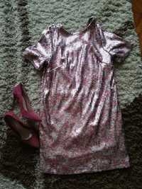 Różowo srebrna cekinowa sukienka krótka odkryte plecy xs