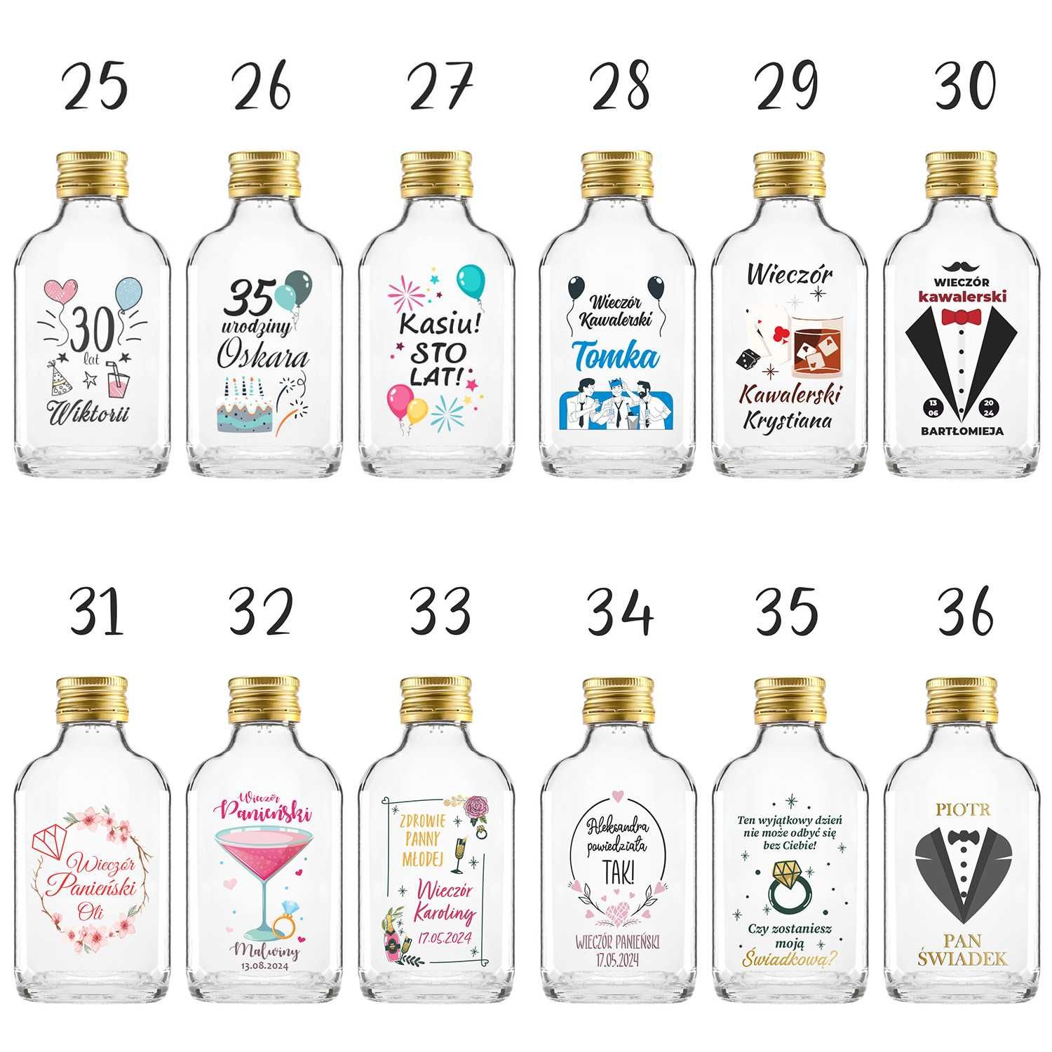50x butelka PIERSIÓWKA 100 ml na wesele z naklejkami + zakrętka