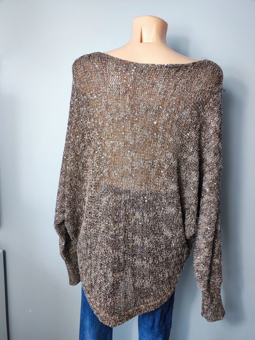 Sweter sweterek oversize brązowy długi rękaw cekiny z cekinami L/XL