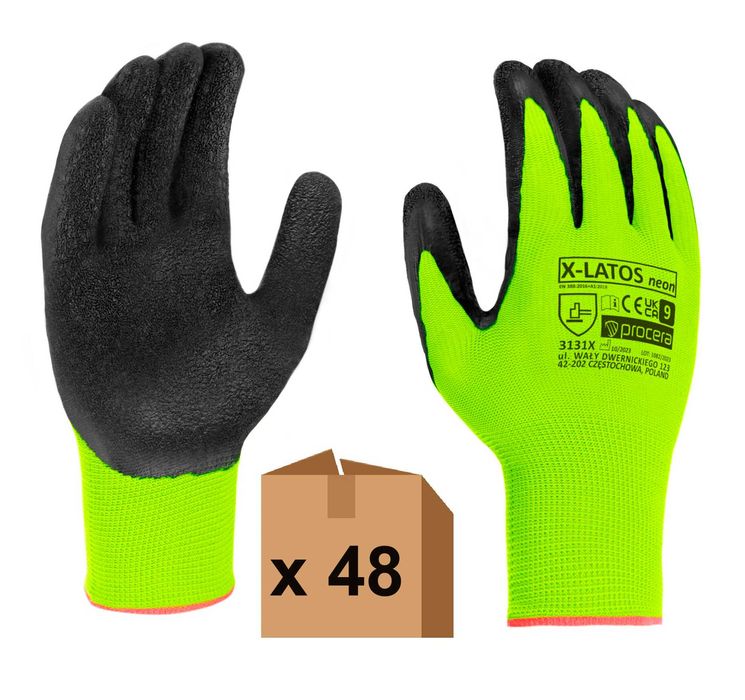 Rękawiczki Robocze Neonowe Powlekane Lateksem - 48 PAR - Rozm. 10 (XL)
