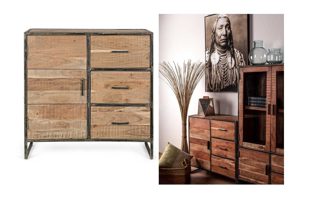 Wysoka komoda Elmer z drewna akacjowego i metalu 90x40x90cm Bizzotto