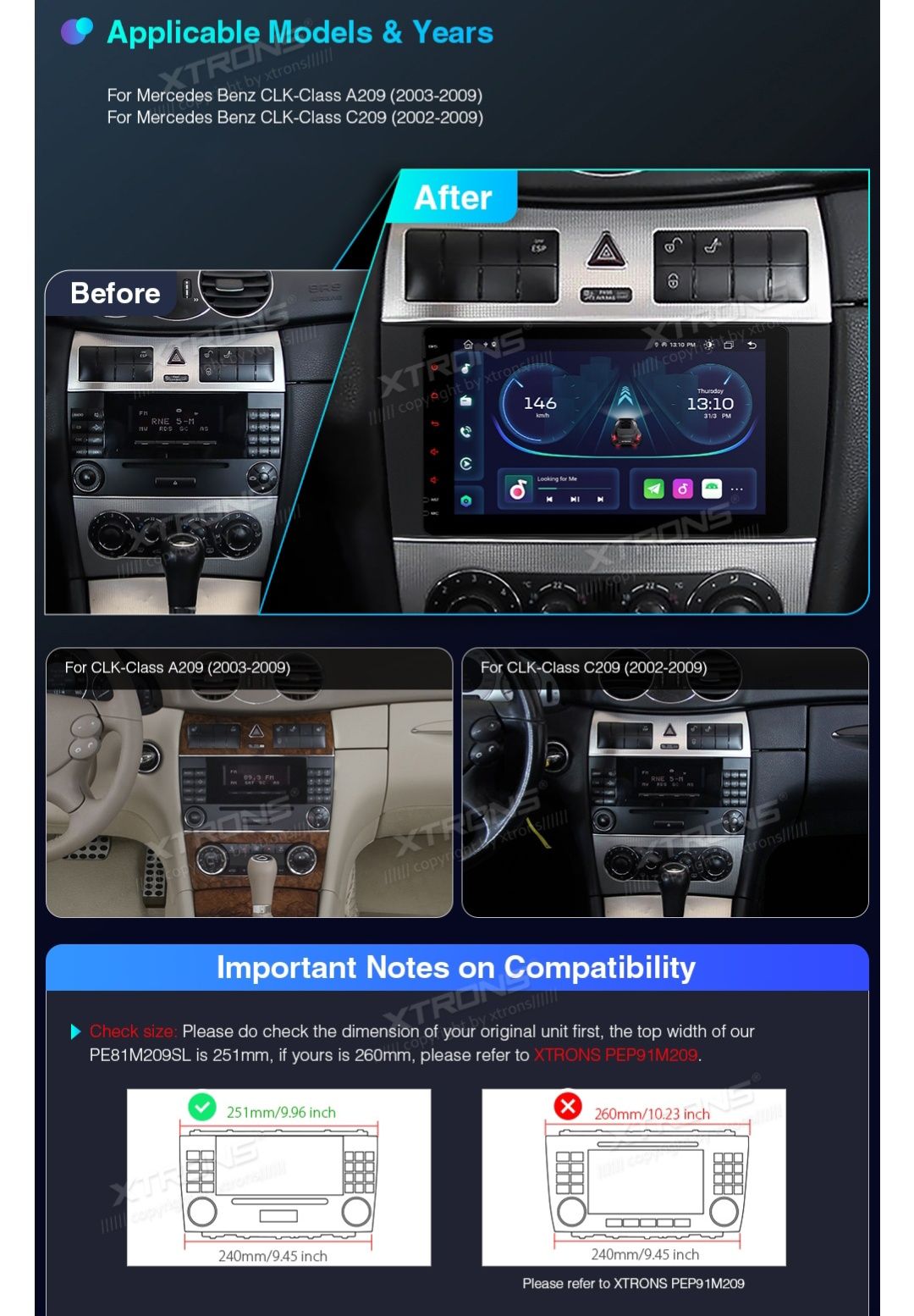 Rádio Android Mercedes W203 W209 W219 GPS WiFi Bluetooth