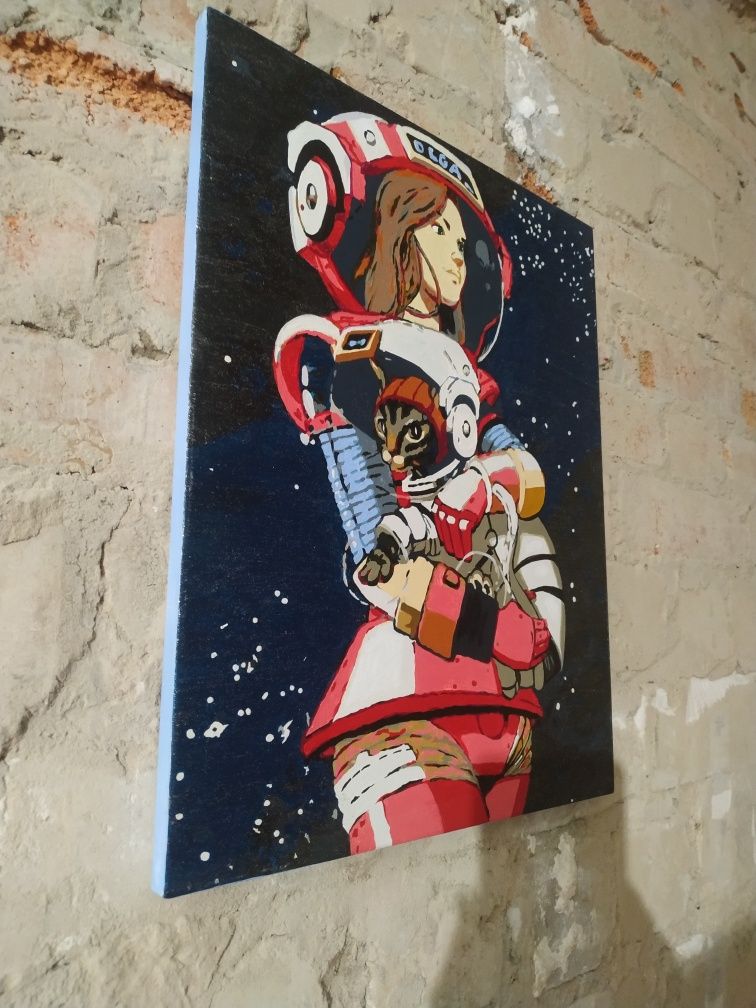 Картина акрил космос и девушка, кот и космос, 35*45 см, ручная работа