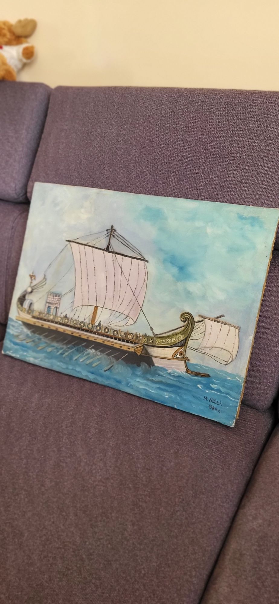Stary malowany obraz na płótnie statek wikingów