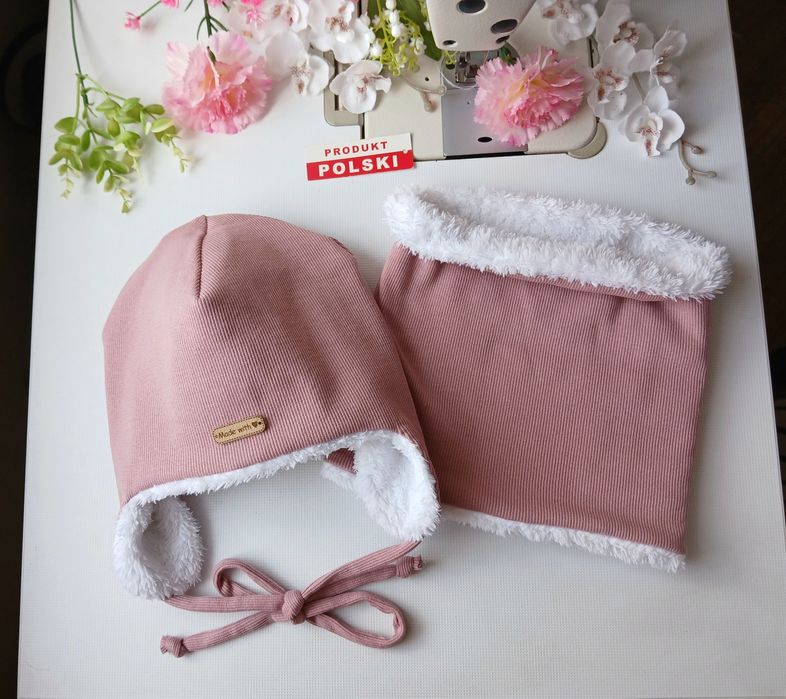 Komplet zimowy * czapka wiązana + komin * prążek