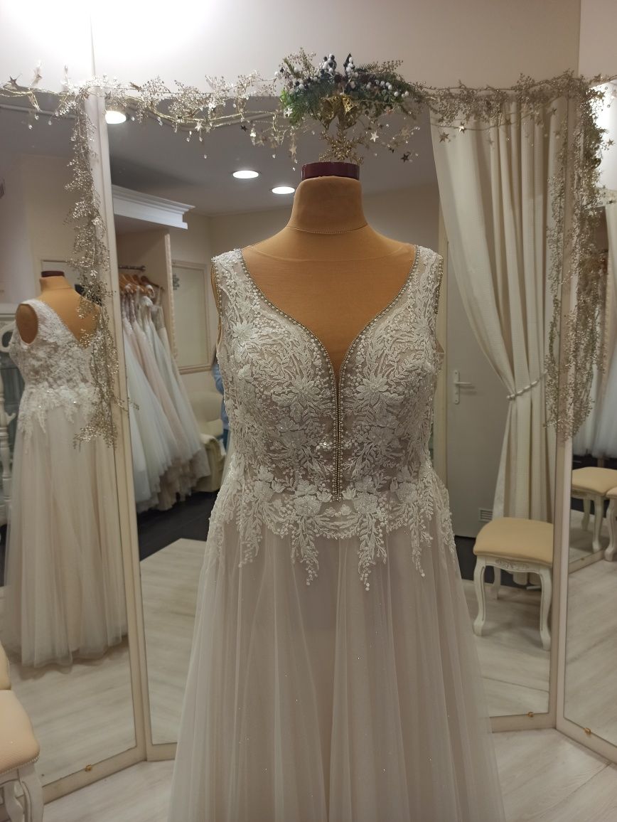 Suknia ślubna plus size 48 50 52 NOWA brokatowy ivory beż długi rękaw