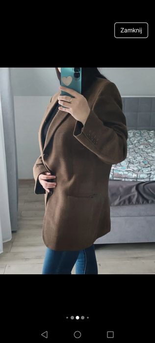 Marynarka z wełną brązowa z kratką poduszki na ramionach coguette