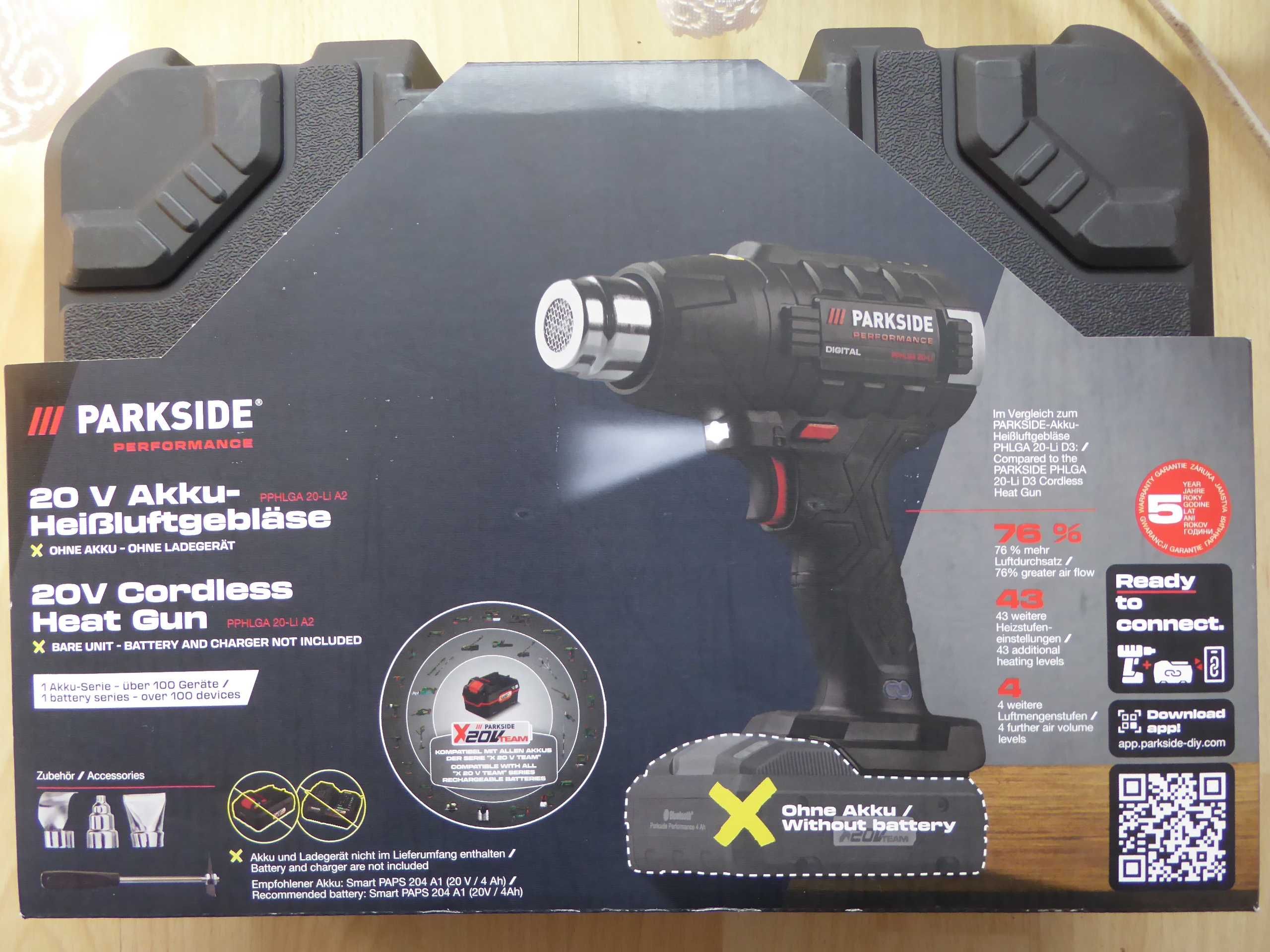 Nieużywana 20V/240W PARKSIDE PERFORMANCE PPHLGA 20-Li A2 z aku i ład