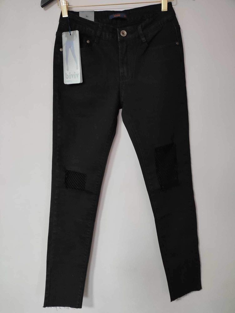 Czarne damskie jeansy z rozdarciami,siatką,elastyczne,Vivid, r. M/38