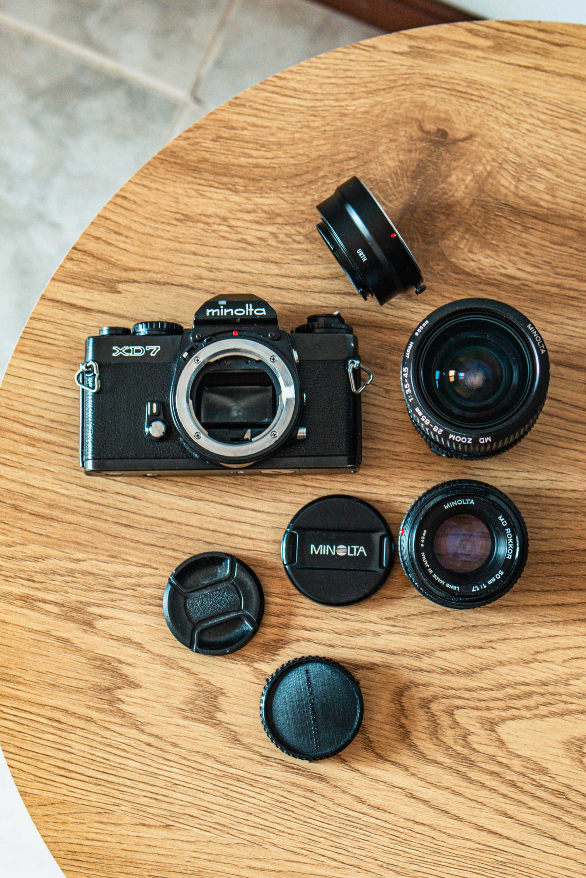 Minolta XD7 + MD 28-55mm + Rokkor 50mm + URTH MD-E