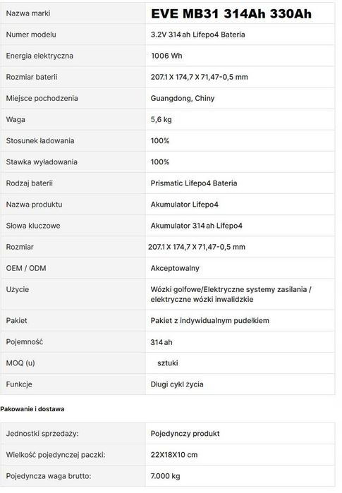 8szt Ogniwa EVE 314-330Ah LiFePO4, wysyłka, odbiór os. FAKTURA VAT