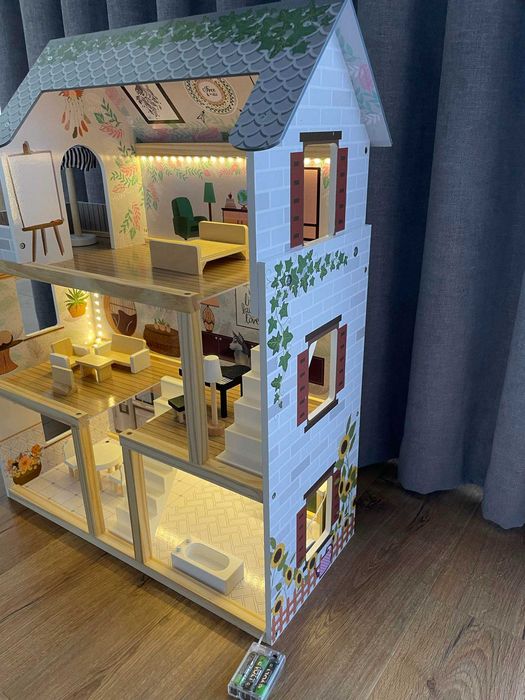 NOWY DUŻY Domek dla lalek drewniany mebelki 78cm oświetlenie LED boho