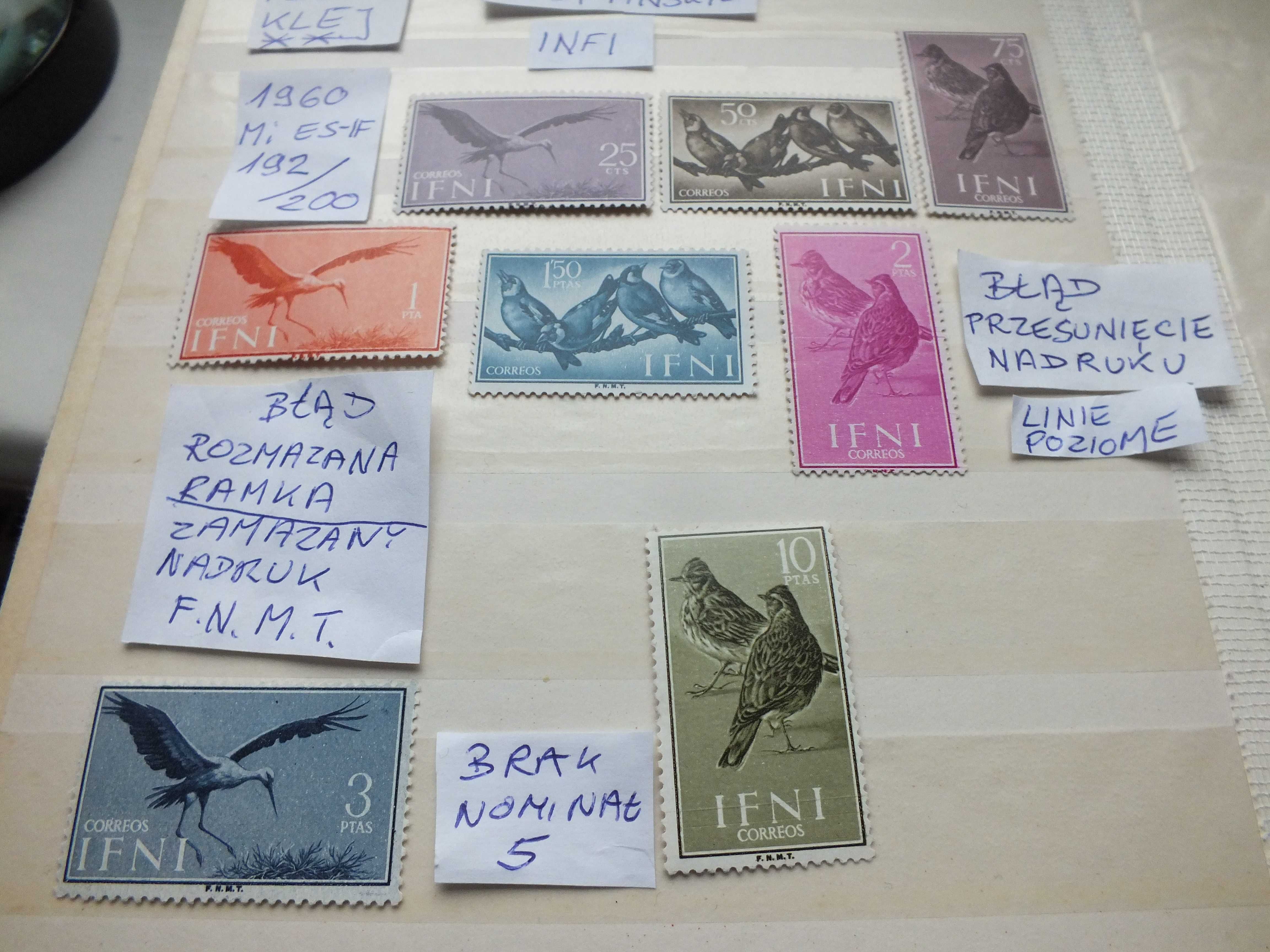 7szt. znaczki Mi192 BŁĄD 1960r. Kolonie Hiszpania IFNI Afryka PTAKI