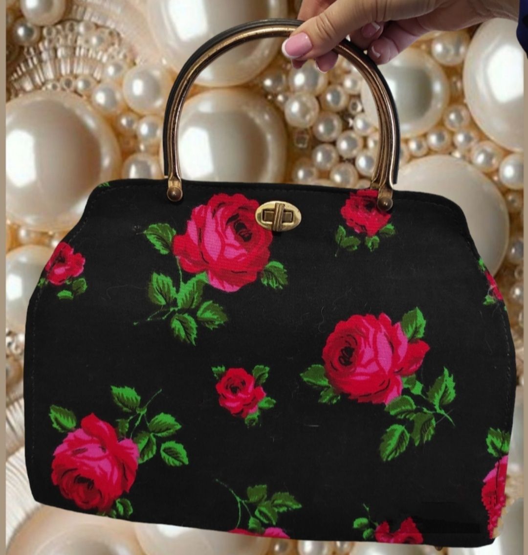 Стильная текстильная сумка, сумочка с шикарным принтом цветов на черно