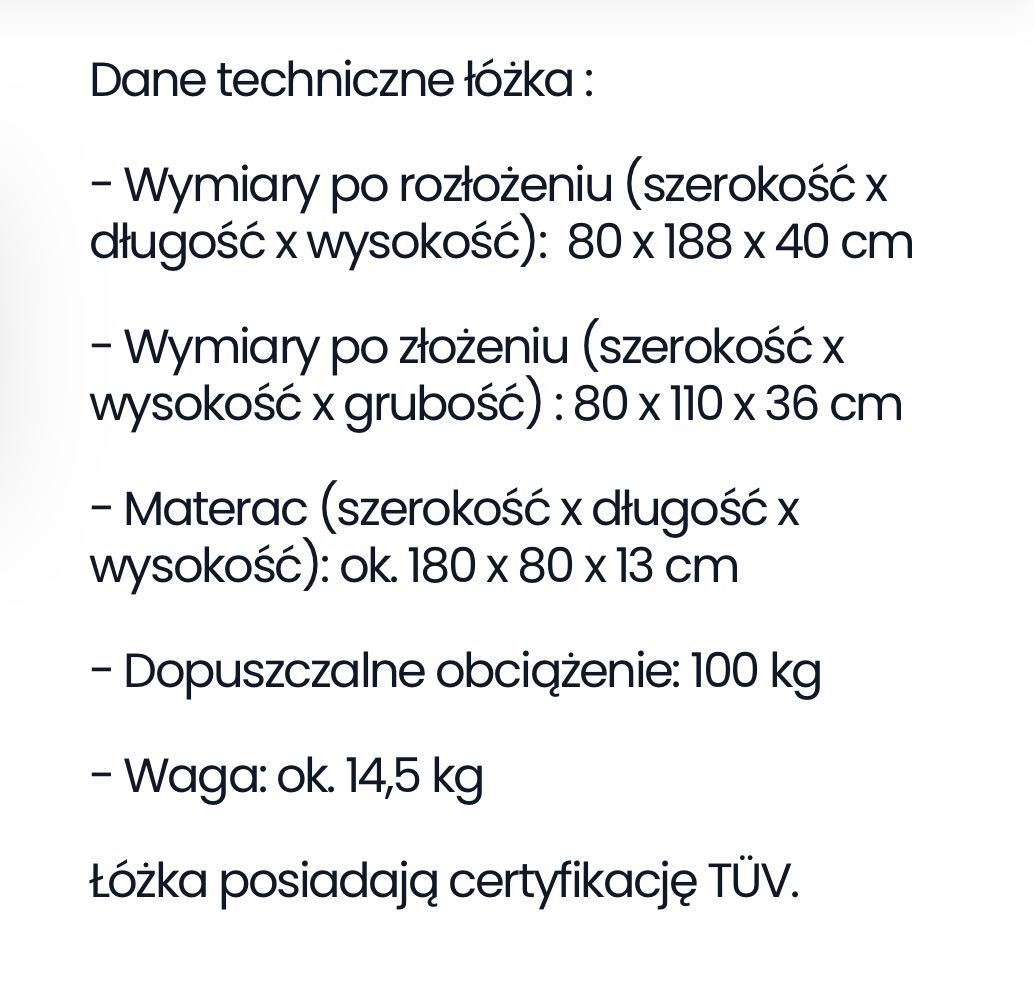 Łóżko polowe rozkładane Premium 190 /80 cm z metaracem