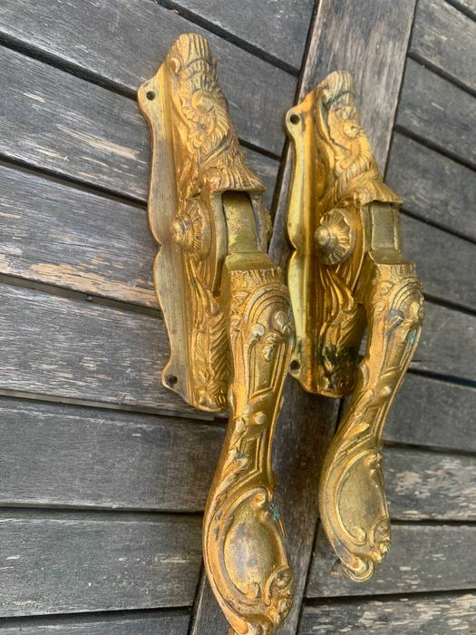 pozłacane 2 mosiężne klamki okienne, wiktoriańskie, antyk, st bd-