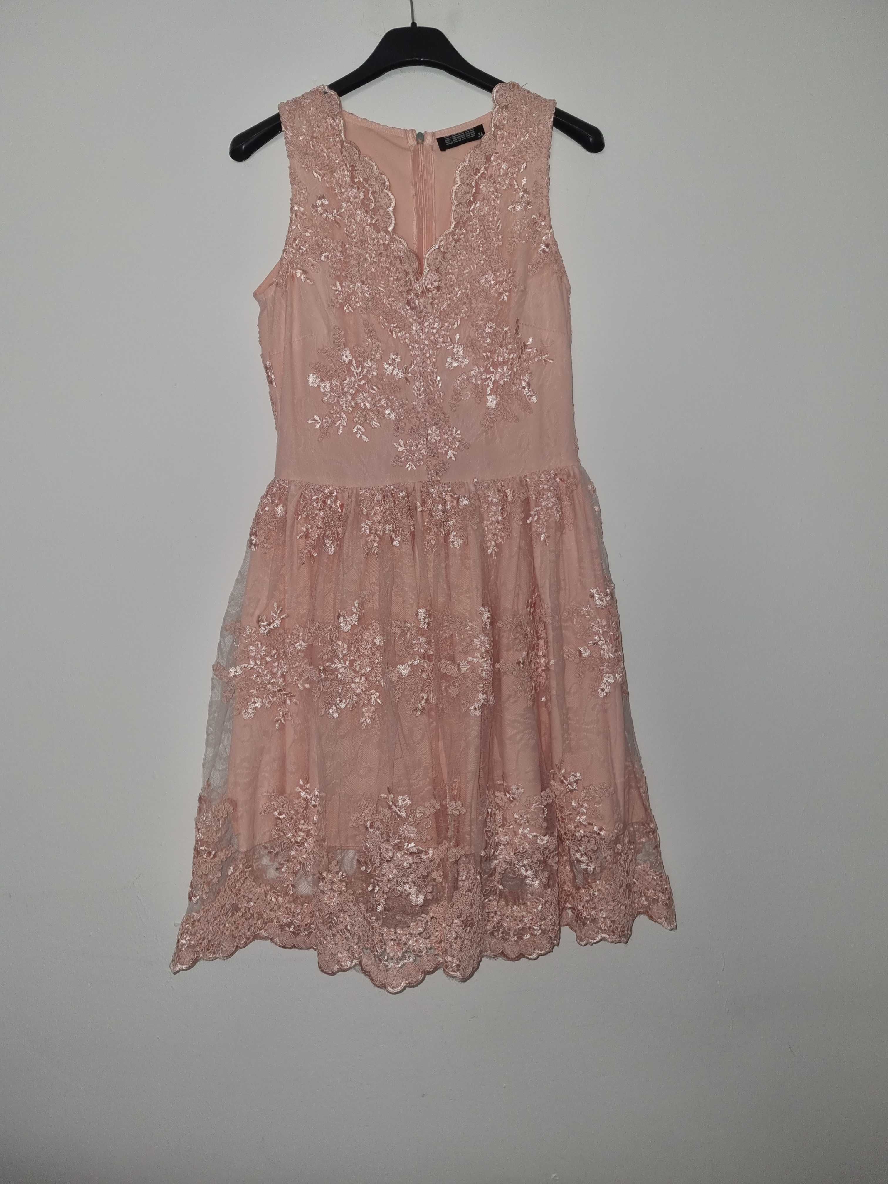 Różowa koronkowa sukienka, EMU, Rozmiar 34