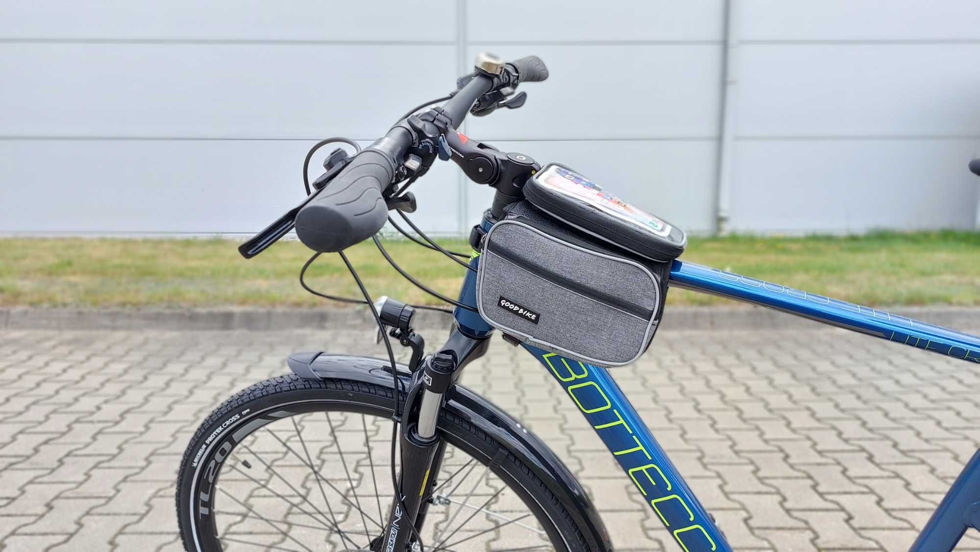 Mała sakwa rowerowa na ramę, dwustronna z etui na telefon, 2x0,8 L