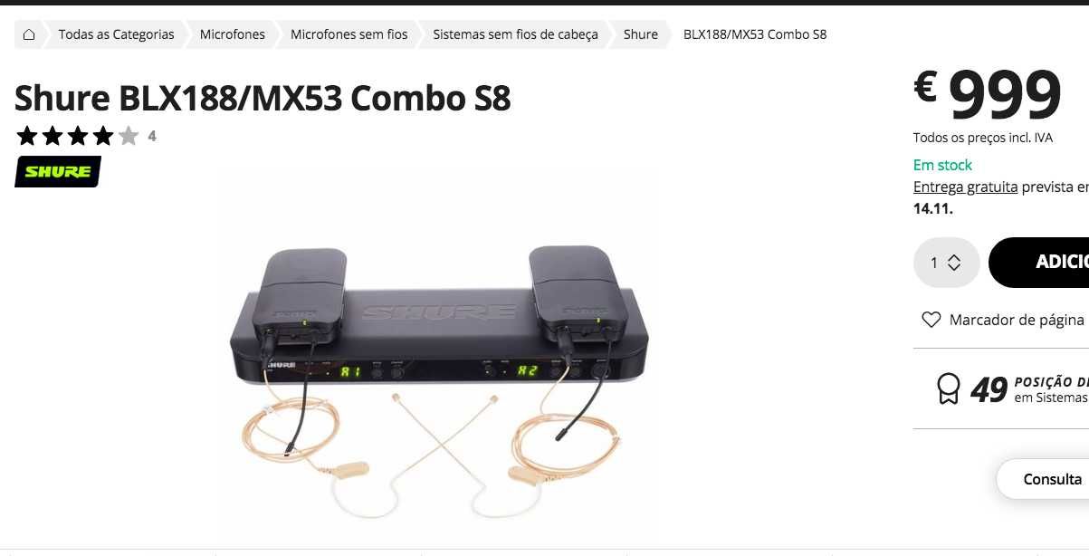 SHURE HEADSET DUPLO S/FIOS - Micros  Cor de Pele Topo de Gama