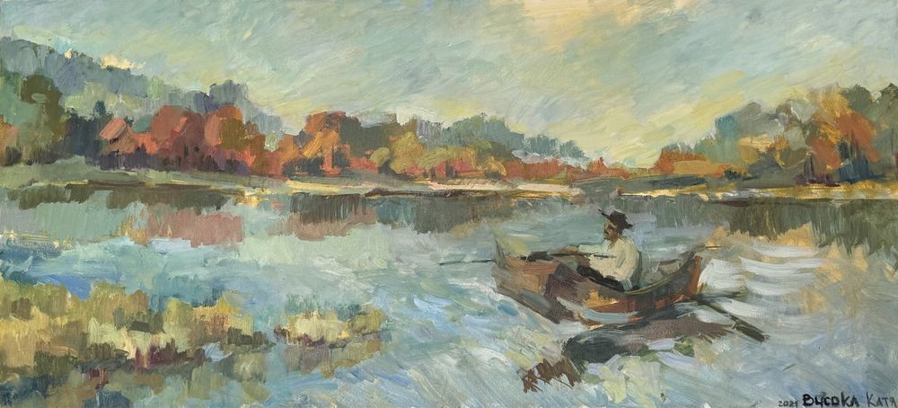 Картина олійними фарбами 140x80 см. Осінній рибалка, авторська картина