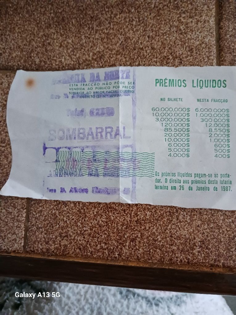 Cautela de lotaria de 1986 Verão