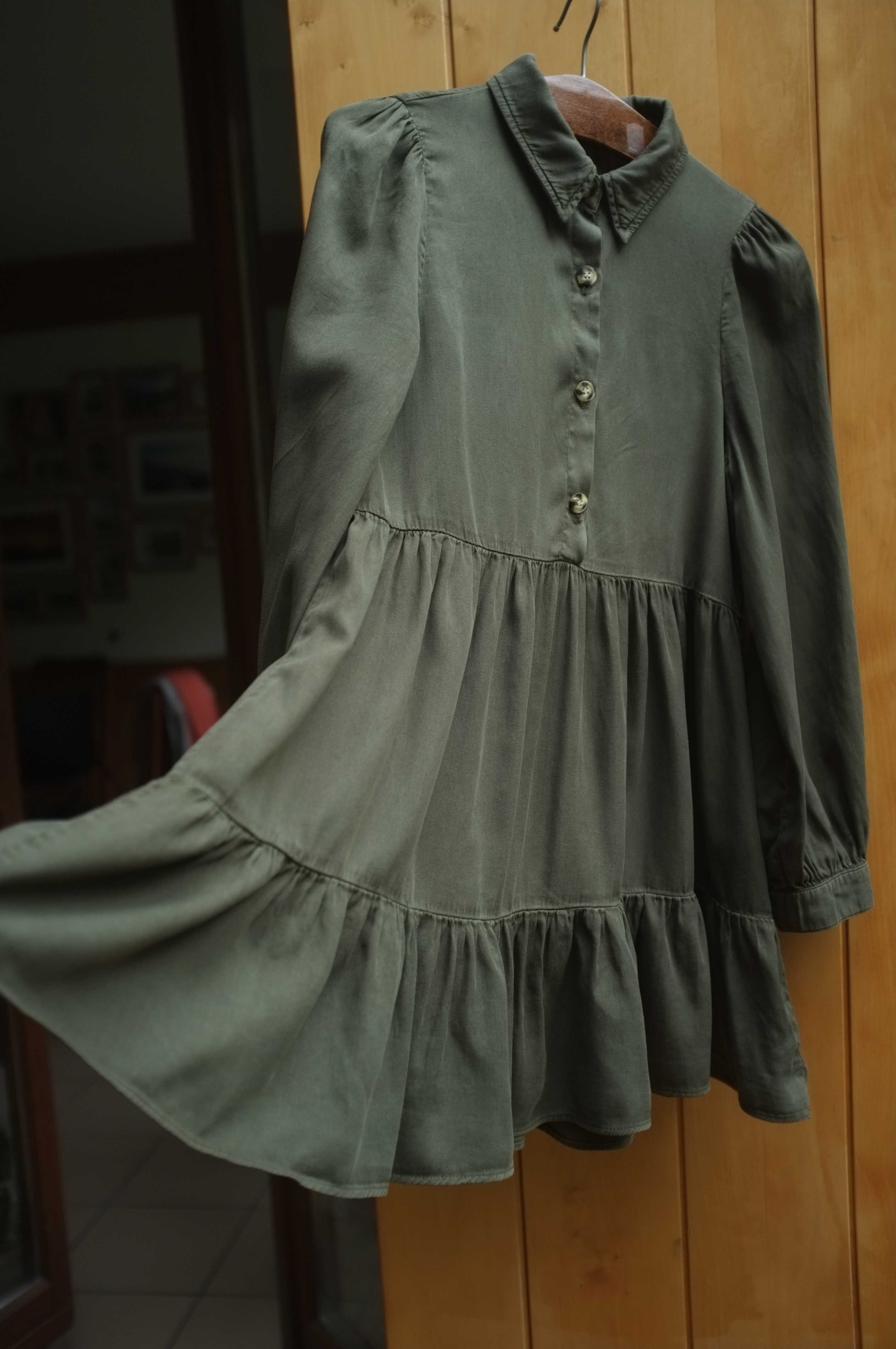 letnia luźna sukienka Zara khaki lyocell ciemnozielona trapezowa 36