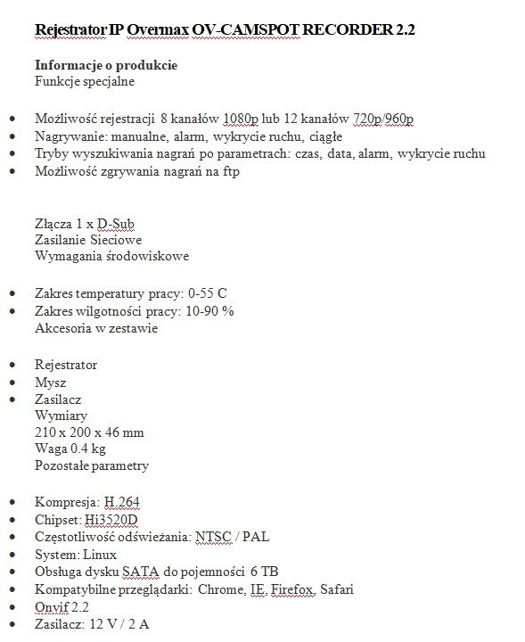 Monitoring, rejestrator i kamery Overmax