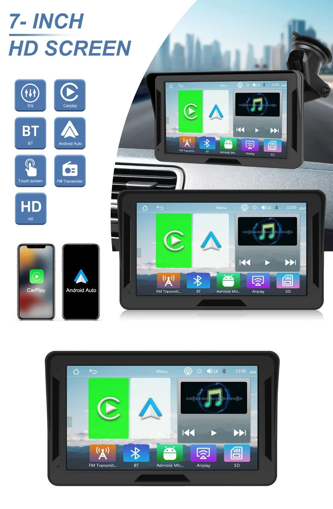 Monitor portátil Carplay e Android Auto wireless 7 polegadas FM BT