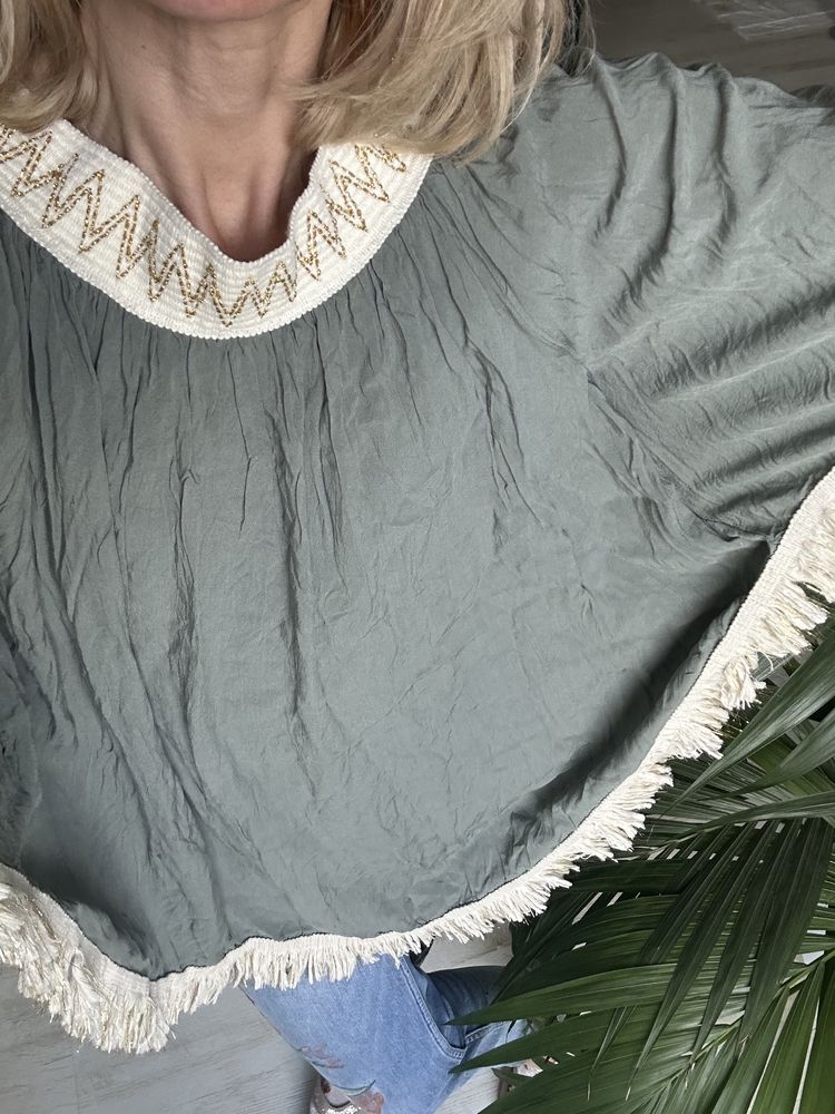 Bluzka letnia Zara frędzle r 38 M oversize khaki
