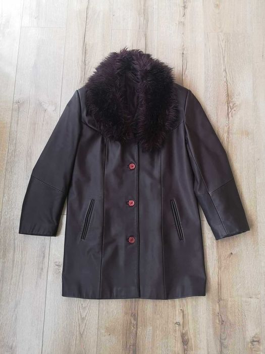 Skórzany płaszcz bordowy burgund fiolet damski L