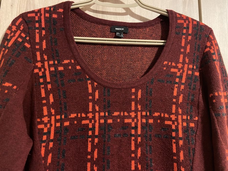 Mexx rozm L bordowa sukienka bawełna wełna długi rękaw ciepła Vintage