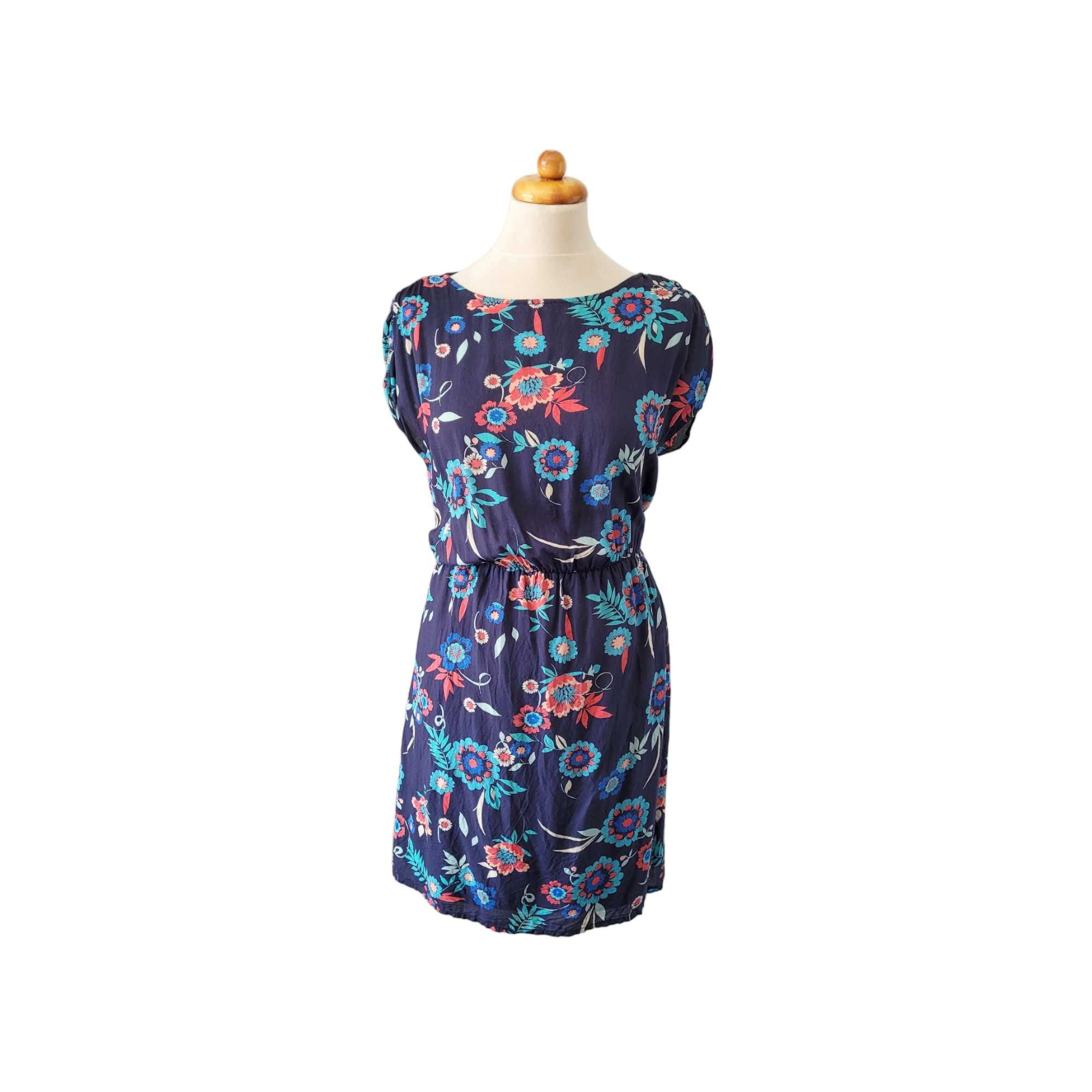 Granatowa tunika kwiaty M 38 oversize boho folk sukienka bluzka modal