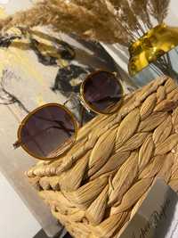 Okulary złote brązowe okrągłe przeciwsłoneczne damskie