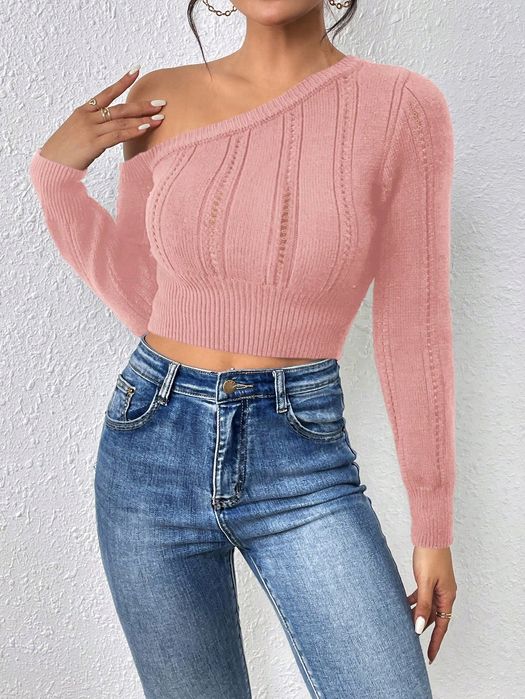 Sweterek Dzianinowy Cropped Na Jedno Ramię Różowy Casual Shein L 40