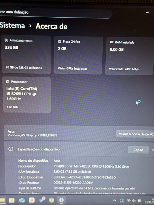 Portátil Asus F509FB i5 8GB RAM 256GB SSD MX110