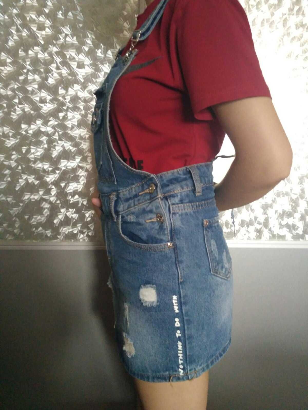 Джинсовый комбинезон с юбкой, юбка джинсовая, XS-S 40-42 размер,Турция