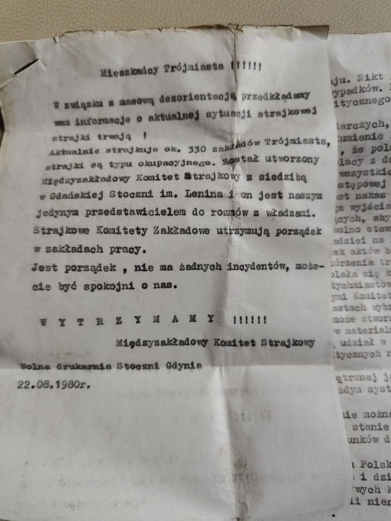 Dokumenty  z okresu strajku 1980 roku