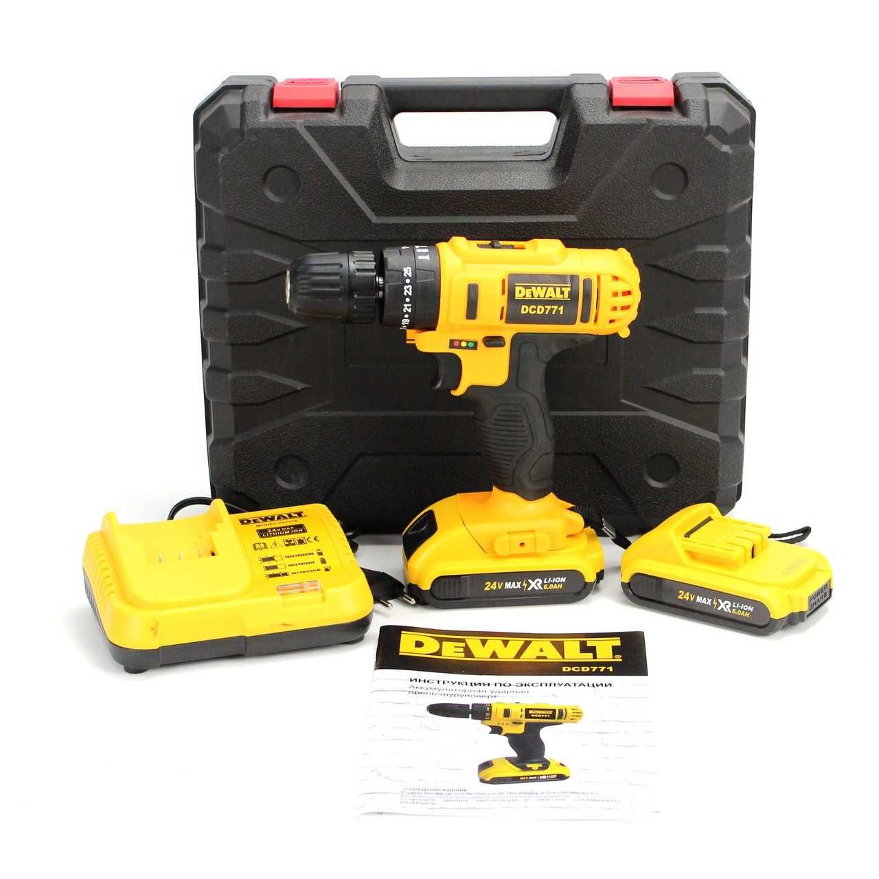 Шуруповерт DeWALT DCD771 (24V, 6AH) з інструментами. Ударний девольт