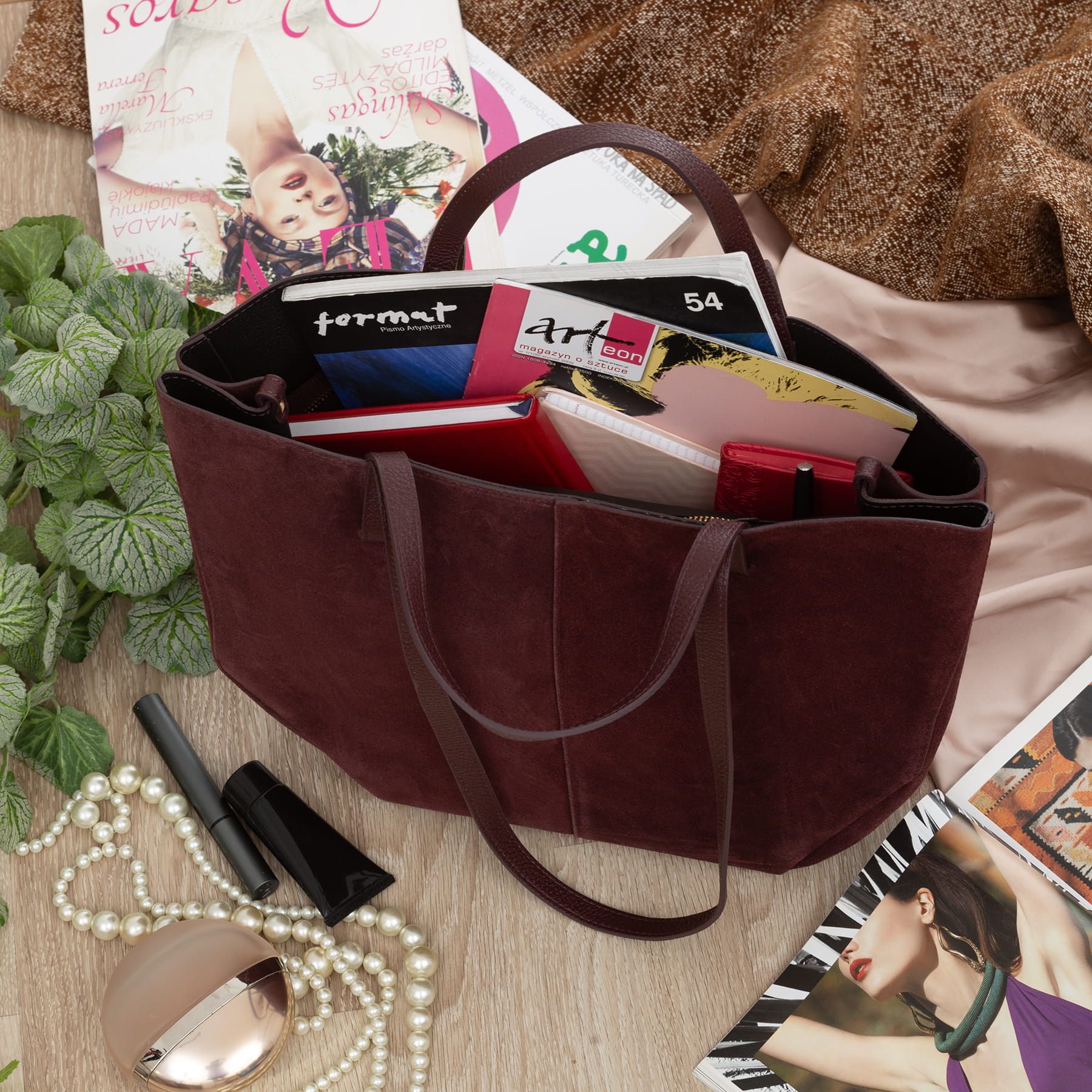 VERA PELLE torebka zamszowa shopper duża na ramię V679 c.bordowa