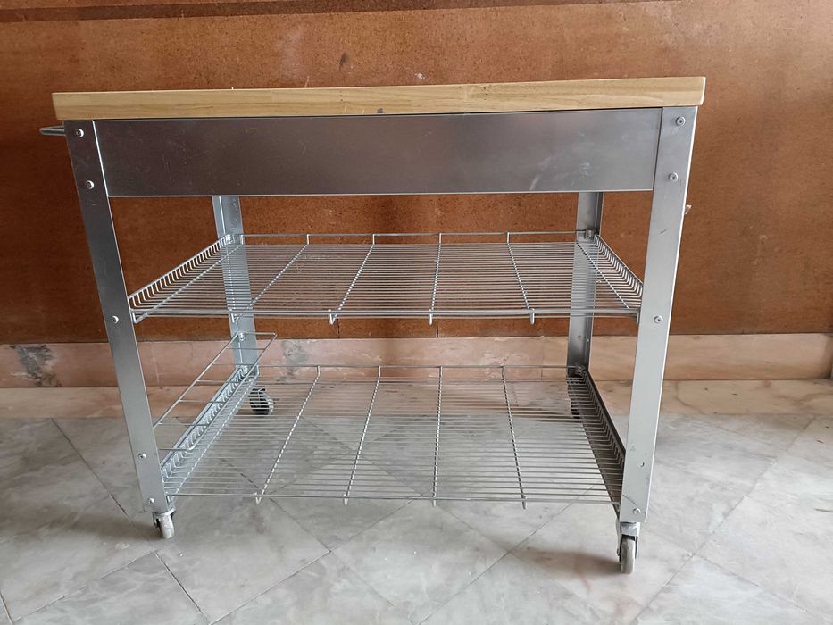 Trolley de cozinha com rodas, estrutura de alumínio e bambú