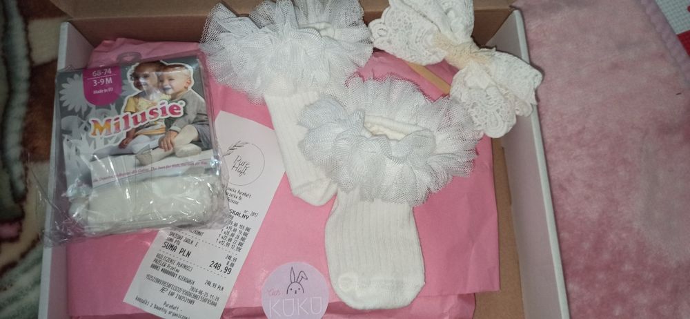 Zestaw do chrztu piękna koronkowa sukienka 62 opaska skarpetki