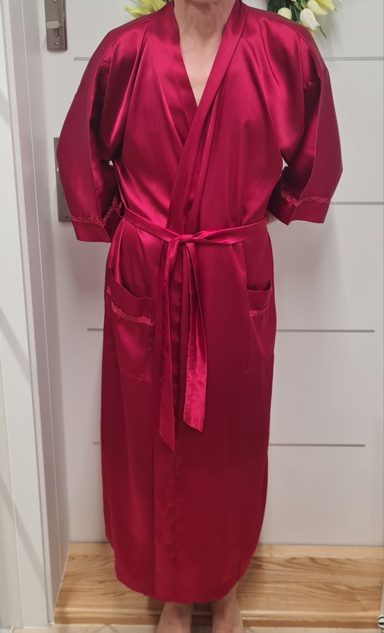 Elegancki szlafrok satyna ciemnoczerwony podomka M L XL