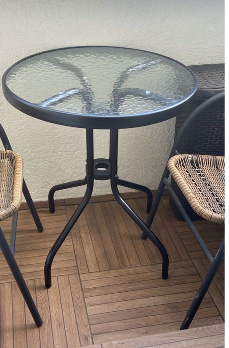 Stolik Stół na Taras Balkon Ogród Okrągły Szklany - Modny Czarny