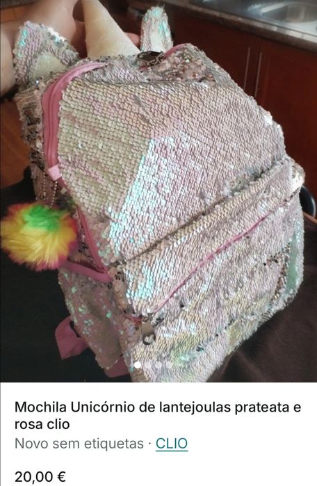 Mochila unicórnio lantejoulas prata e rosa