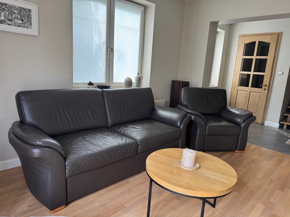 zestaw wypoczynkowy ze skóry kanapa sofa rozkładana 3-osobowa 2 fotele