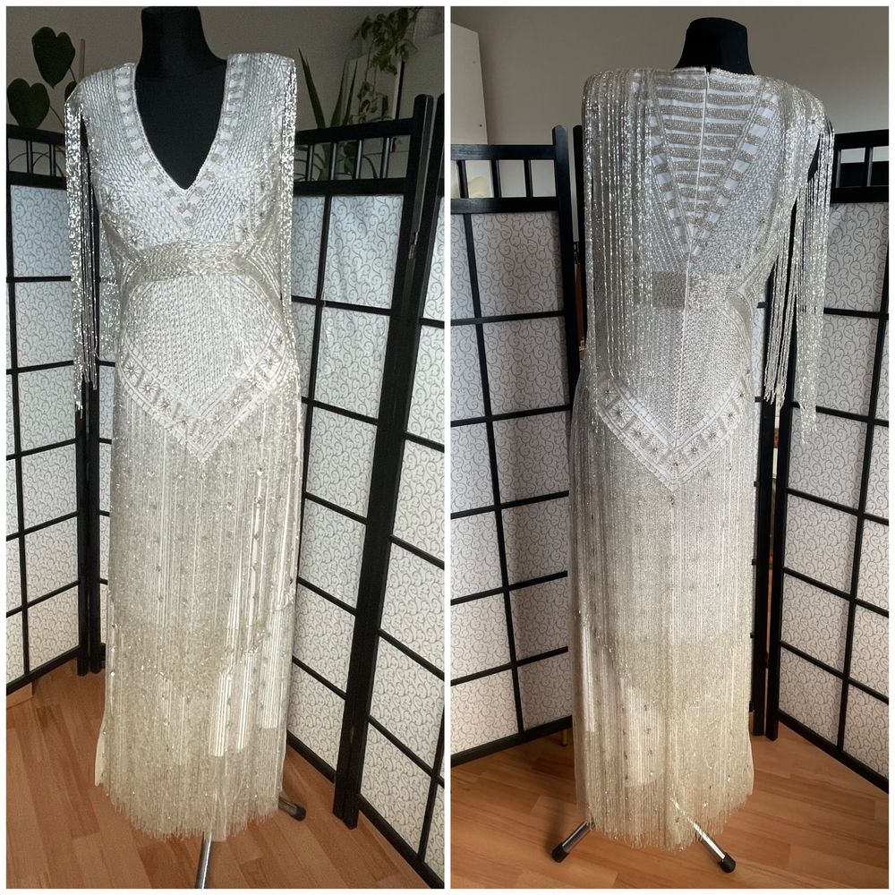 Karen millen cekinowa sukienka maxi frędzle zdobiona M 38 L 40