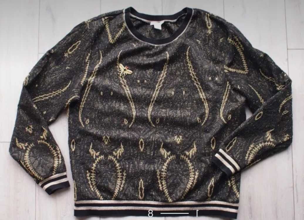 Bluza sweter H&M XL XXL tłoczona czarna złota błyszcząca owad oversize