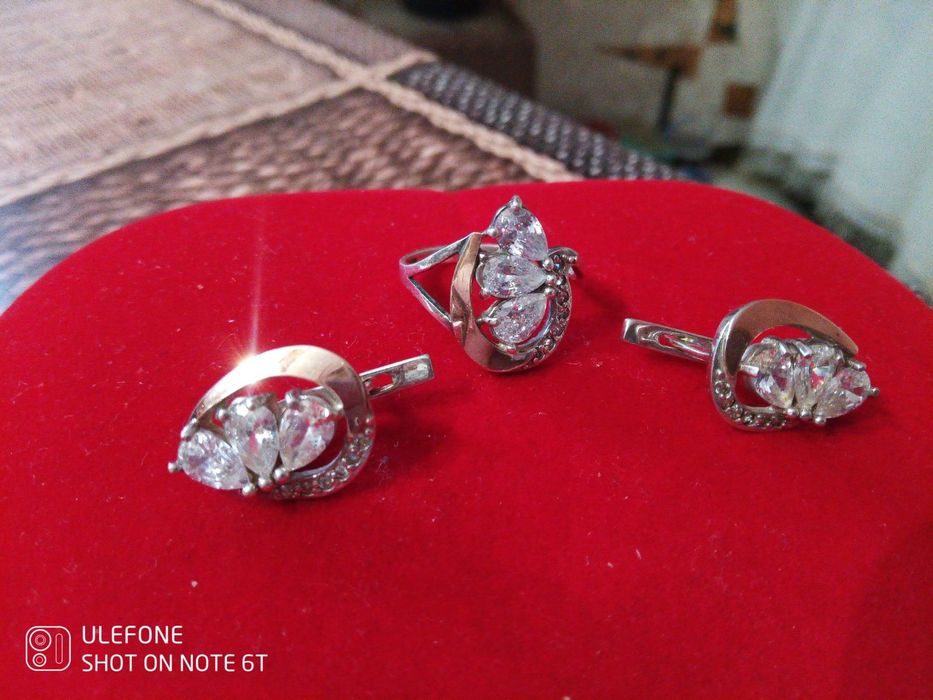 Срібний набір, з золотими пластинами, сяючі фіаніти,925